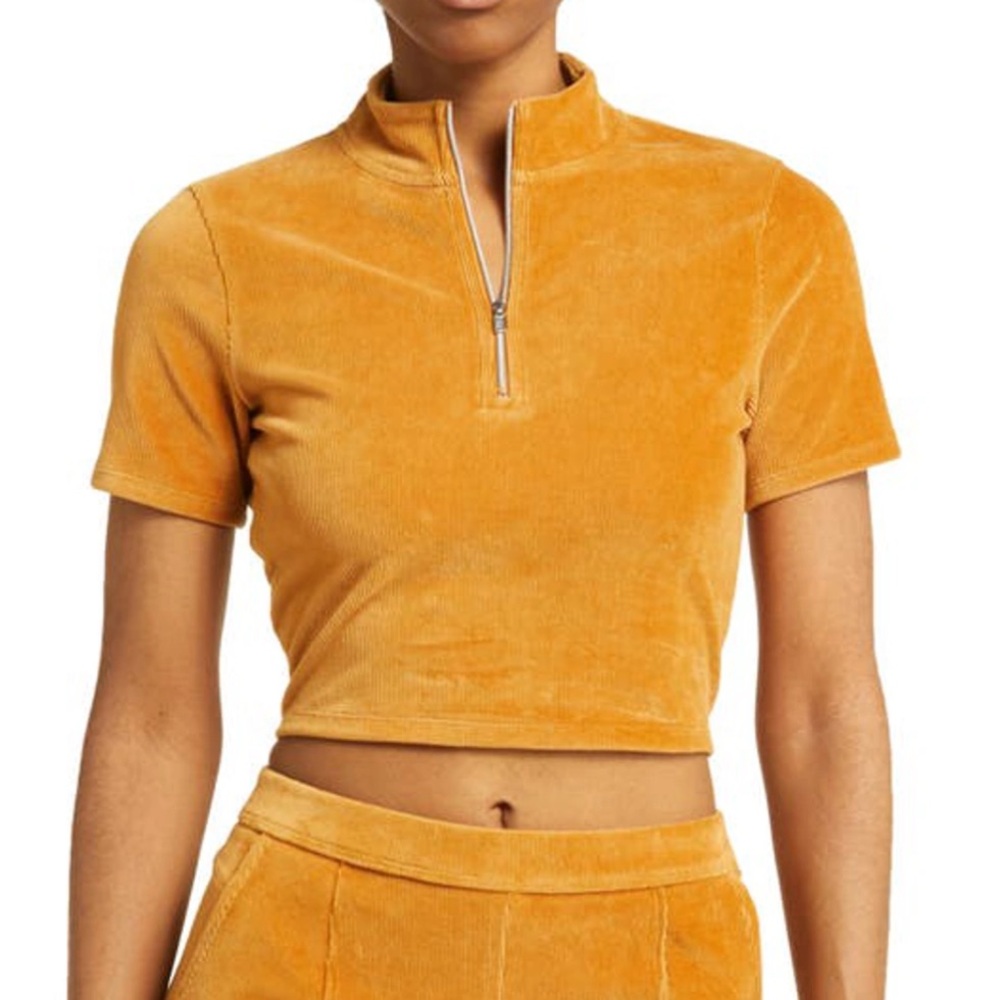 ALO YOGA Quarter Zip Mock Neck Corduroy Crop Top Toffee size XS